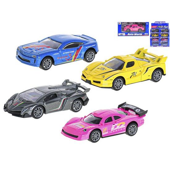 Auto sportovní 10cm 1:43 kov zpětný chod 4druhy v krabičce 24ks v DBX