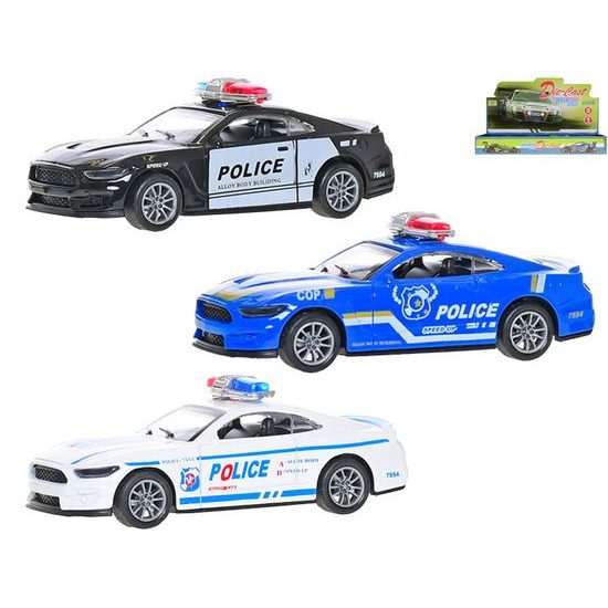 Auto policejní 11cm 1:36 kov na zpětný chod 3barvy 12ks v DBX