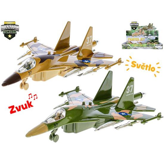 Mission Control letadlo vojenské 19cm kov zpětný chod na baterie + světlo a zvuk 2barvy 6ks v DBX
