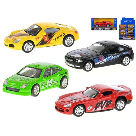 Auto závodní 9-10cm kov 1:43 na zpětný chod 4druhy 3barvy v krabičce 24ks v DBX