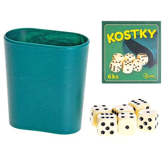 Kostky hrací 16mm 6ks s kelímkem v krabičce