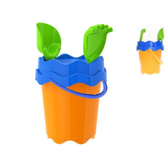 Sada na písek oranžová kbelík 17cm,lopatka,hrabičky,sítko 10m+ v síťce