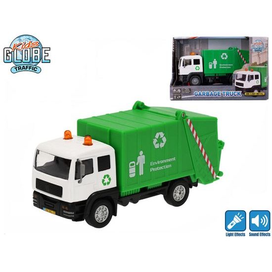 Kids Globe Traffic auto popelářské 15cm kov na zpětný chod na baterie se světlem a zvukem v krabičce