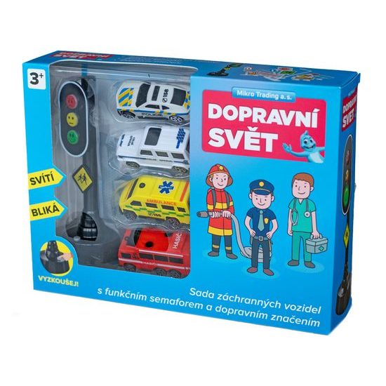Sada aut 4ks 7cm s dopravními značkami a semaforem na baterie se světlem v krabičce