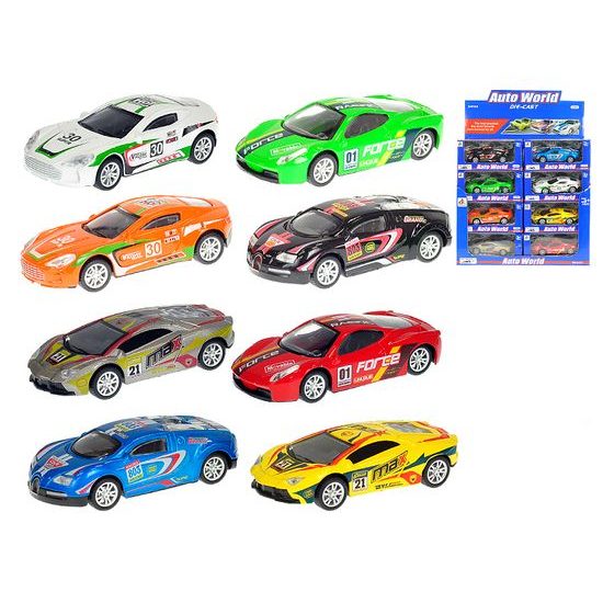 Auto závodní 10cm kov 1:43 zpětný chod 8druhů v krabičce 24ks v DBX