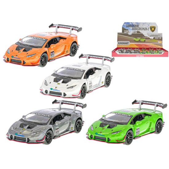 Kinsmart Lamborghini Huracan LP620-2 1:36 12cm kov zpětný chod 4barvy 12ks v DBX