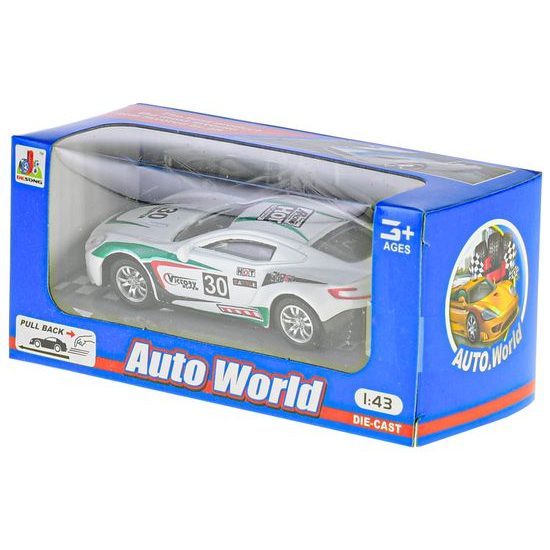 Auto závodní 10cm kov 1:43 zpětný chod 8druhů v krabičce 24ks v DBX