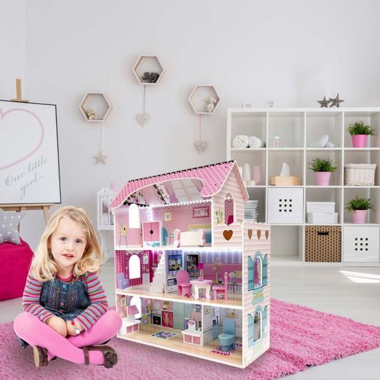 MDF dřevěný domeček pro panenky + nábytek 70cm růžový LED