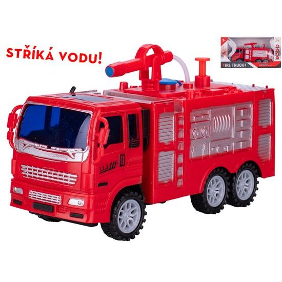 Auto hasiči 19cm stříkající vodu na setrvačník v krabičce