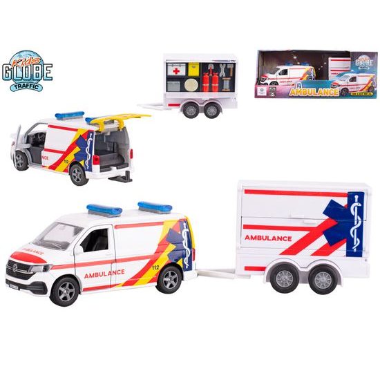 Kids Globe Traffic VW Transporter ambulance 27,5cm kov zpětný chod s přívěsem v krabičce