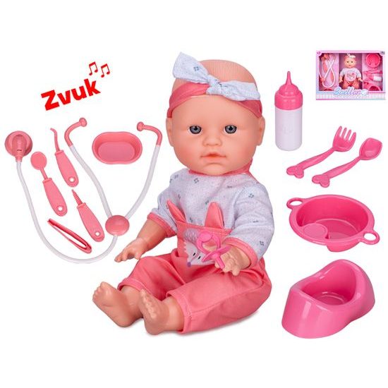 Miminko 30cm tvrdé tělo čurající na baterie se zvukem a doplňky v krabičce