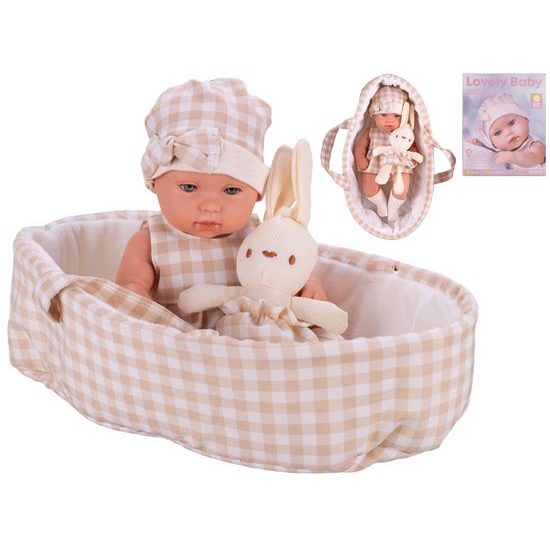 Miminko tvrdé tělo 33cm s nosítkem pro miminka a zajíčkem v krabičce