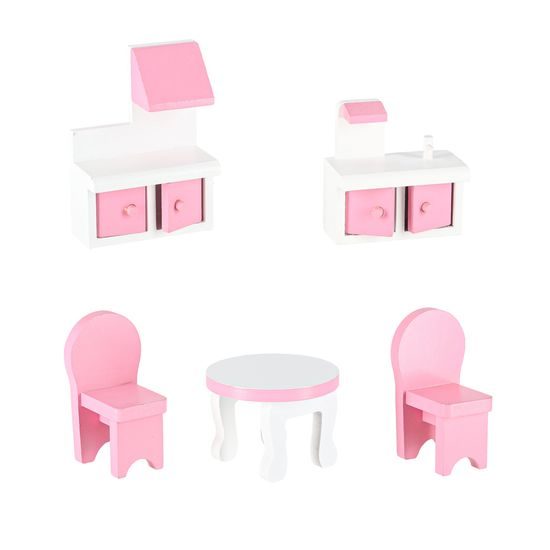 MDF dřevěný domeček pro panenky + nábytek 70cm růžový LED