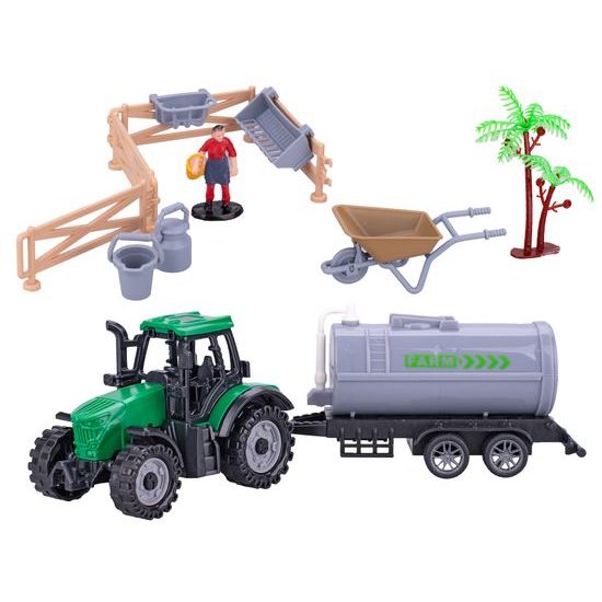 Traktor s vlečkou 19cm volný chod s doplňky 5druhů v krabičce