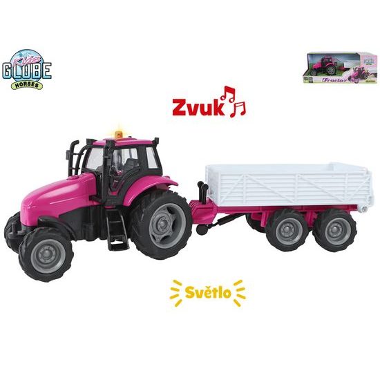Kids Globe Horses traktor s vlečkou 25cm kov na setrvačník na baterie se světlem a zvukem v krabičce