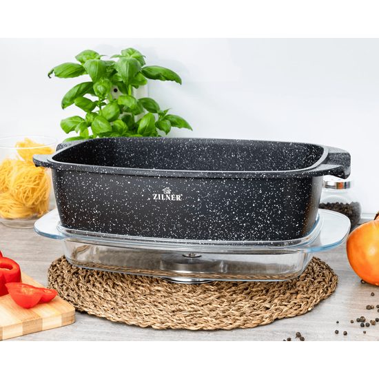 Pekáč s nepřilnavým mramorovým povrchem a skleněným víkem, objem 5,5 l