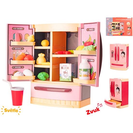 Lednice 26x18x12cm červená na baterie s doplňky se světlem a zvukem v krabičce
