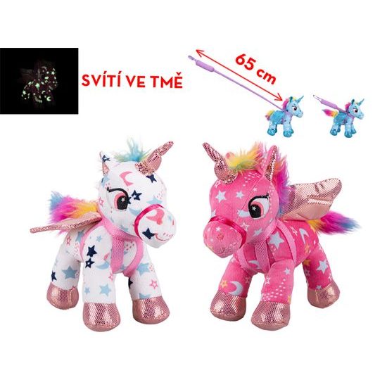Jednorožec plyšový 18cm na vodítku 65cm svítící ve tmě 3barvy 18m+