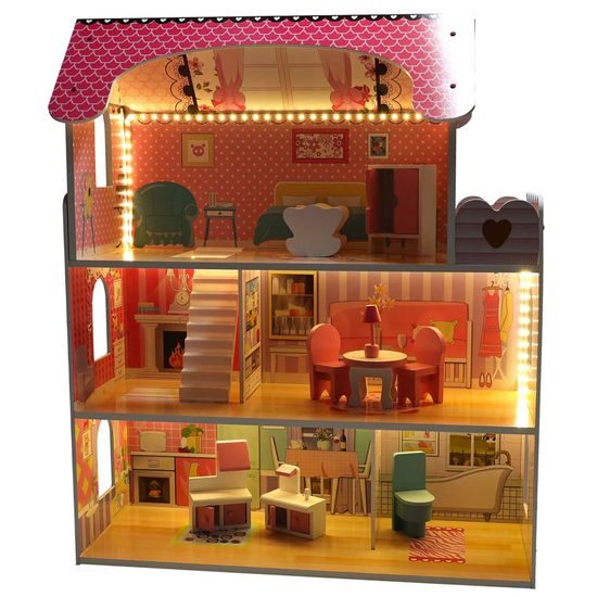 MDF dřevěný domeček pro panenky + nábytek 70cm růžový LED