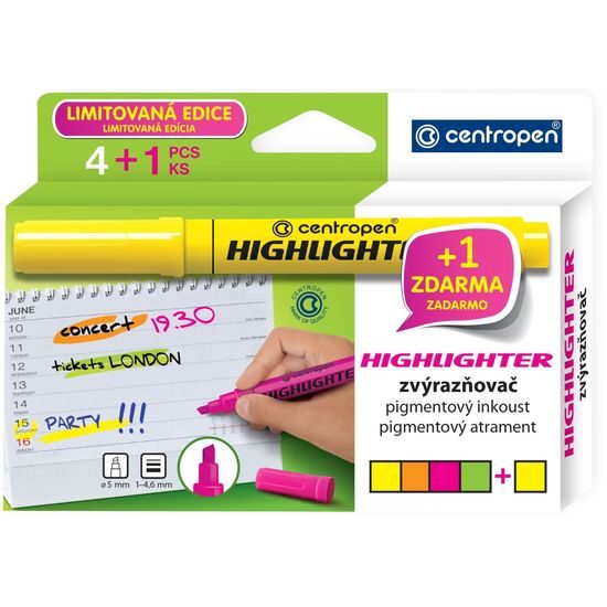 Zvýrazňovač Highlighter 8552 1-4 mm v krabičce, 4 barvy + 1 zdarma, CENTROPEN