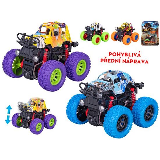Crazy Truck monster truck 9cm na setrvačník velká kola grafitti design 4barvy na kartě