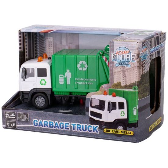 Kids Globe Traffic auto popelářské 15cm kov na zpětný chod na baterie se světlem a zvukem v krabičce