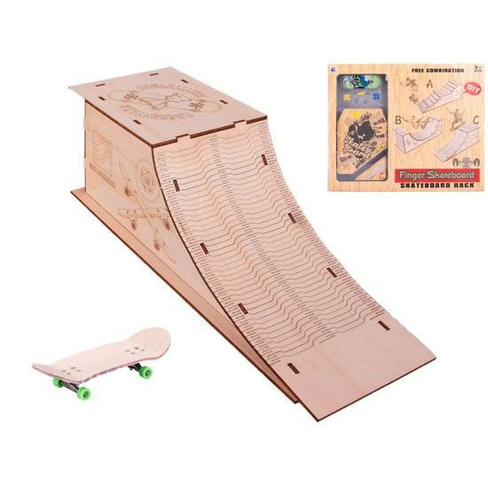 Skateboard 10cm kov s dřevěnou rampou v krabičce