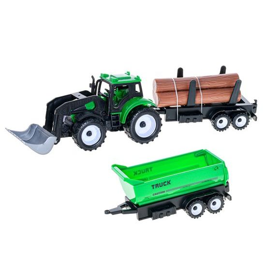 Traktor nakladač 17cm 3druhy na setrvačník + 2vlečky v krabičce