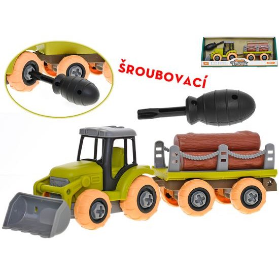 Traktor 28cm šroubovací volný chod s vlečkou a kládami v krabičce