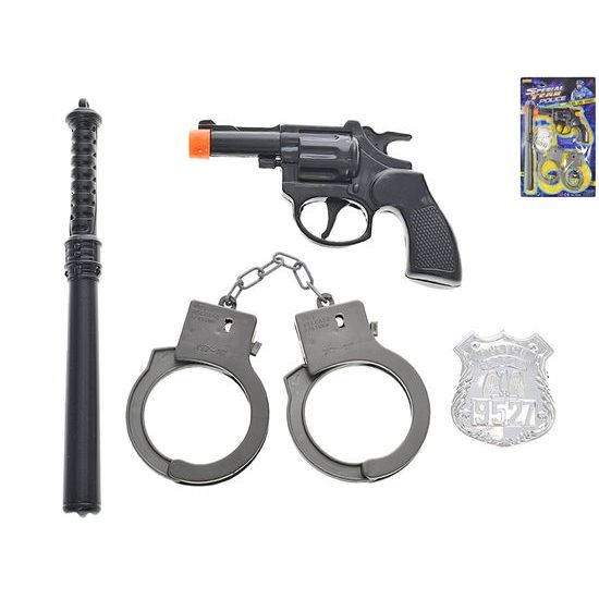 Policejní set 4ks - pistole klapací 14cm s doplňky na kartě
