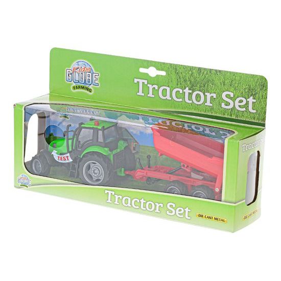 Kids Globe Farming traktor kov 25cm na setrvačník s vlečkou na baterie+světlo/zvuk 4druhy v krabičce