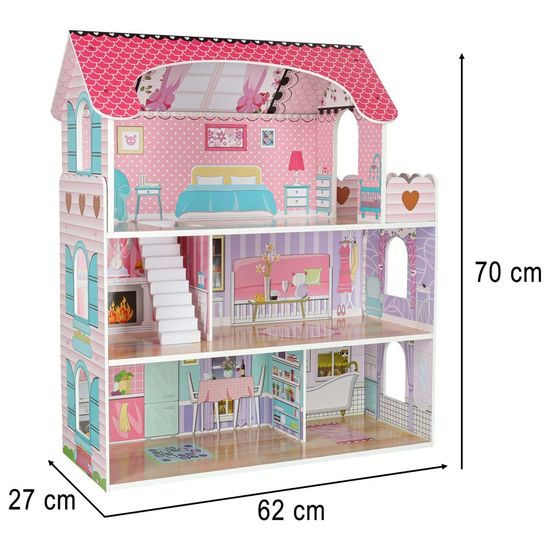 MDF dřevěný domeček pro panenky + nábytek 70cm růžový LED