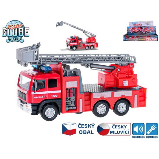 Kids Globe Traffic hasiči CZ 14cm kov zpětný chod na baterie světlo a zvuk 12ks v DBX