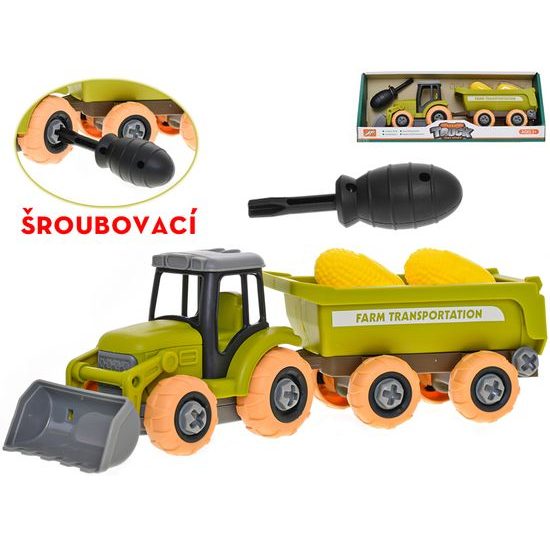 Traktor 28cm šroubovací volný chod s vlečkou a klasy 2ks v krabičce