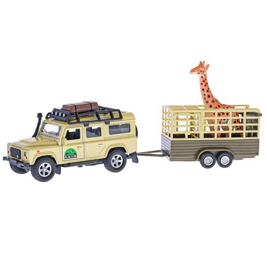 Kids Globe Traffic Land Rover Defender 14cm kov na zpětný chod s přívěsem 14cm a žirafou v krabičce