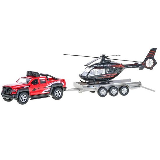 Kids Globe Traffic auto terénní 13cm kov na zpětný chod s přívěsem + vrtulníkem 20cm v krabičce