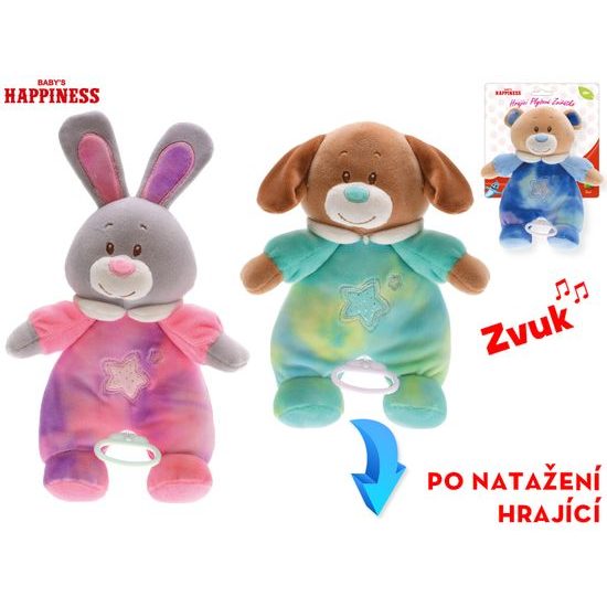 Baby Happiness zvířátko plyšové 26cm se zvukem na natažení 0m+ 3druhy na kartě v sáčku
