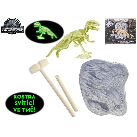 Jurský svět sada pro tesání kostry T-Rexe svítící ve tmě s doplňky v krabičce