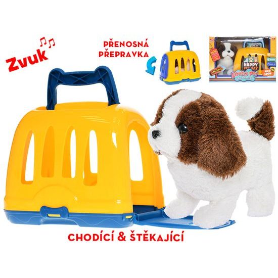 Pejsek plyšový 19cm na baterie chodící a štěkající s přepravkou v krabičce