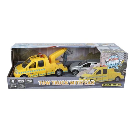 Kids Globe Traffic odtahovka 14cm kov zpětný chod na baterie světlo+zvuk s autem 11,5cm v krabičce