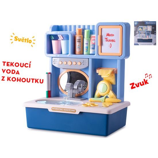 Umyvadlo modré 35x23x40cm na baterie s tekoucí vodou se světlem, zvukem a doplňky v krabičce