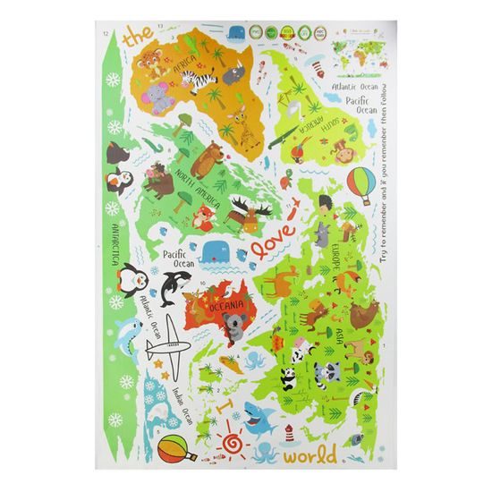 Samolepící dětská mapa světa se zvířátky
