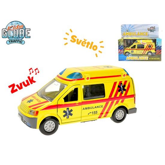 Kids Globe Traffic ambulance CZ kov 14cm zpětný chod na baterie se světlem a zvukem v krabičce