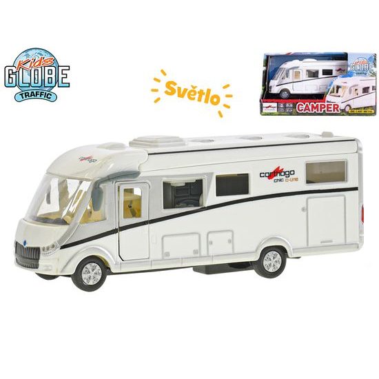Kids Globe Traffic karavan Carthago 16cm kov zpětný chod na baterie se světlem v krabičce