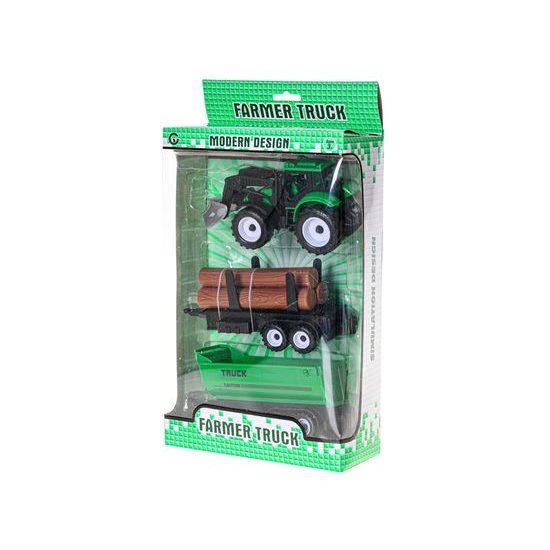 Traktor nakladač 17cm 3druhy na setrvačník + 2vlečky v krabičce