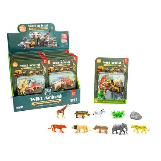 Zvířátka safari 6cm 8ks s doplňky na kartě 12ks v DBX