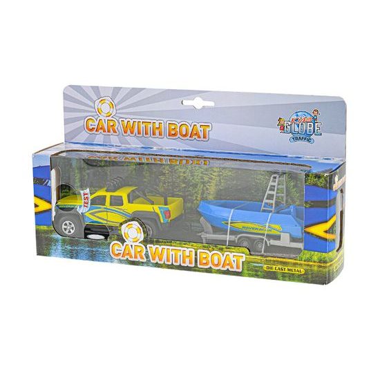 Kids Globe Traffic tahač s lodí kov 27cm zpětný chod na baterie se světlem a zvukem v krabičce