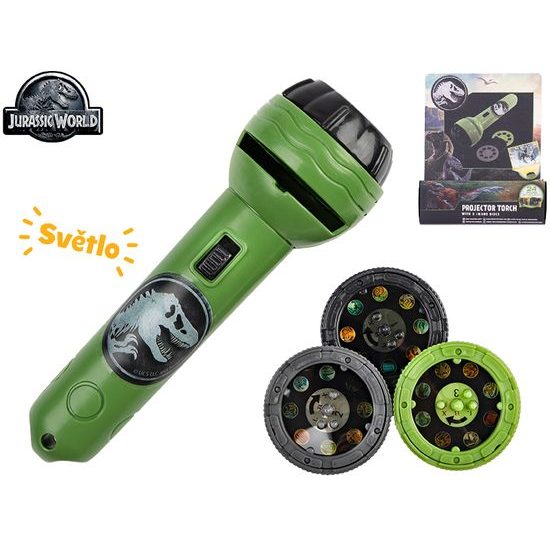 Jurský svět projektorová svítilna 11cm na baterie + 3ks disků v krabičce