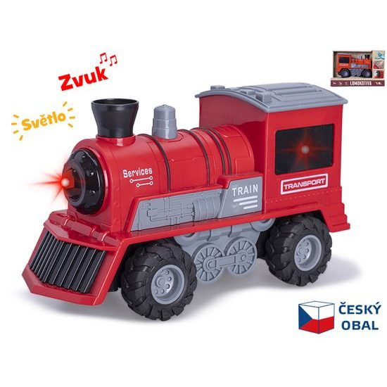Lokomotiva červená 22,5cm 1:16 na setrvačník na baterie se světlem a zvukem v krabičce
