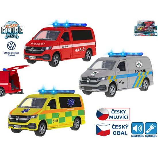 Kids Globe Traffic VW záchranné složky CZ 13,5cm kov zpětný chod česky mluvící se světlem 12ks v DBX